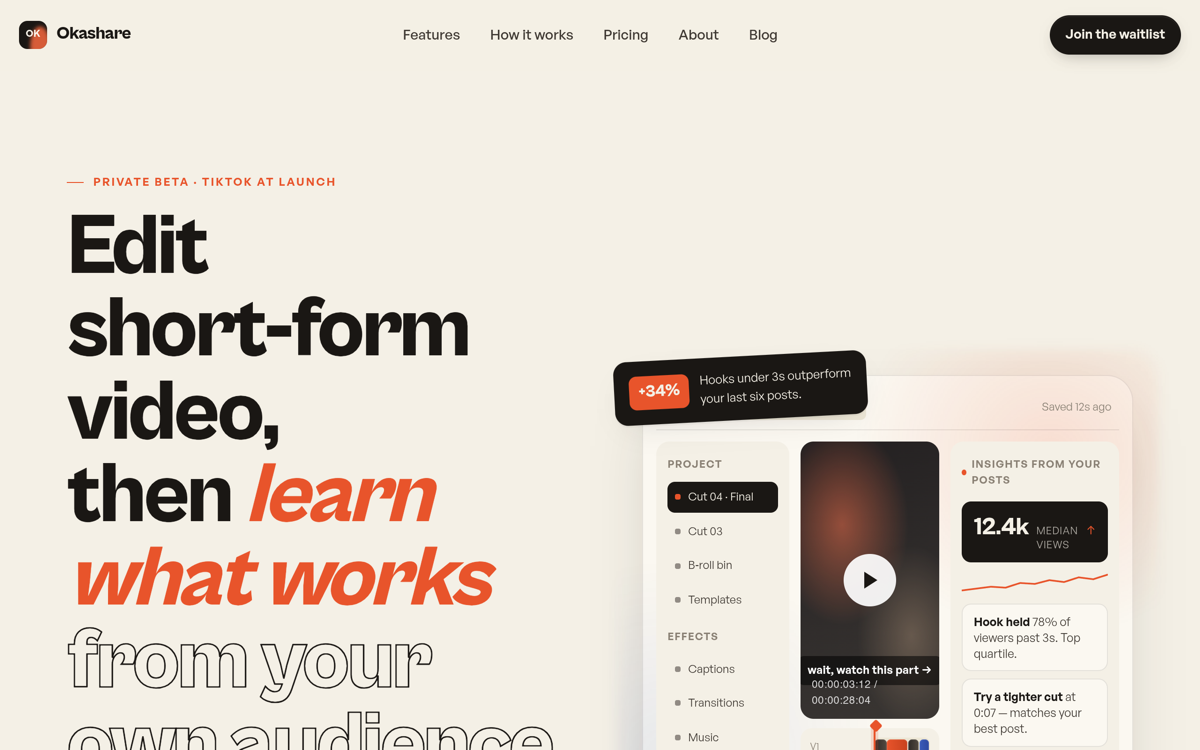 Okashare — Browser Video Editor for TikTok Creators website preview