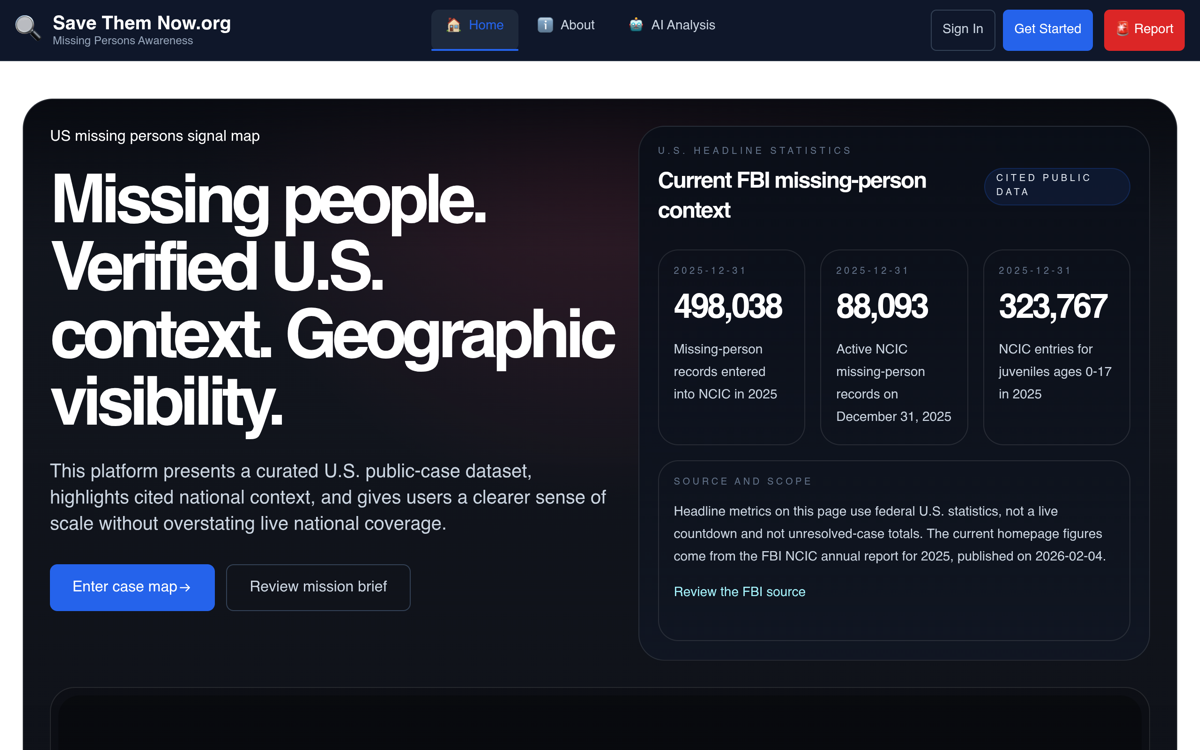 Save Them Now — Missing Persons Awareness Platform website preview